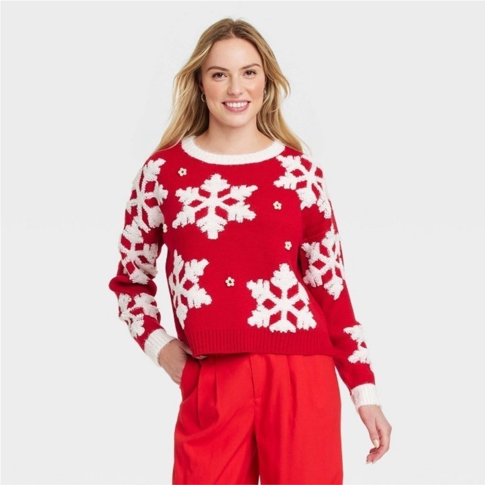 Women's Snowflake Christmas Festive Graphic Sweater - Red S nwt
